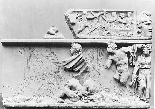 Fragmentary marble sarcophagus with scenes from the Oresteia