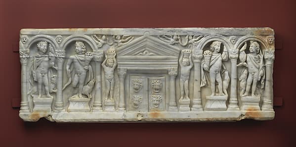 Marble front of a child's columnar sarcophagus with the Seasons