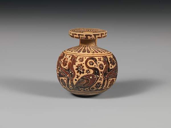 Terracotta aryballos (perfume vase), by Duel Painter