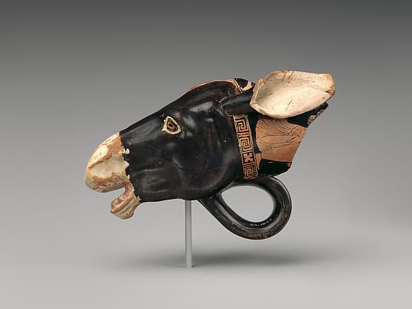 Fragmentary terracotta rhyton (vase for libations or drinking), by Sotades Painter