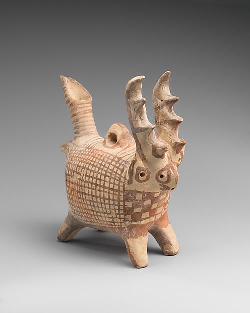 Terracotta zoomorphic askos (vessel) with antlers