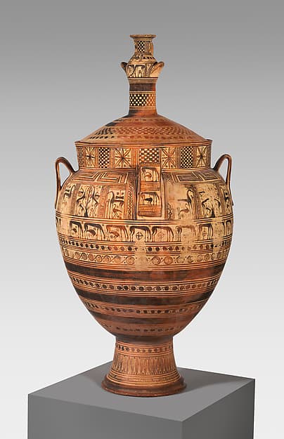 Terracotta krater with lid surmounted by a small hydria, by Cesnola Painter