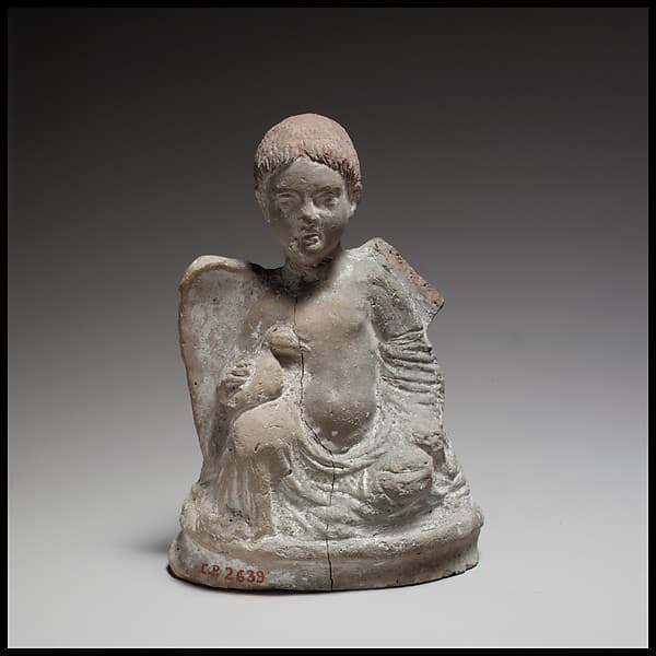 Terracotta statuette of Eros seated and holding a duck