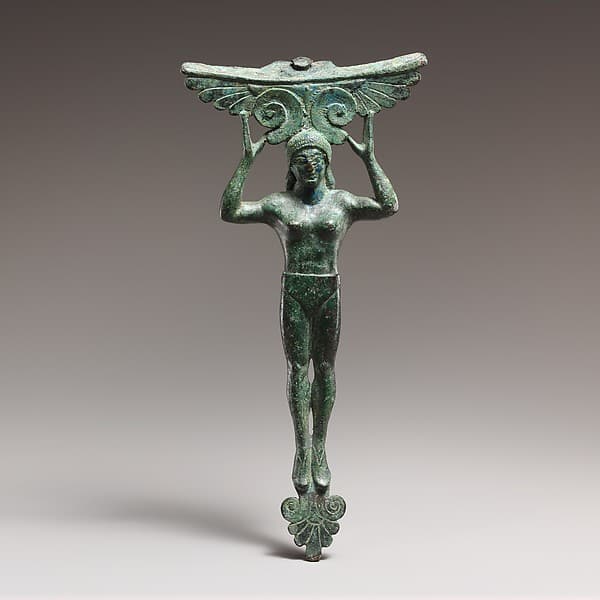 Bronze patera handle in the form of a young woman