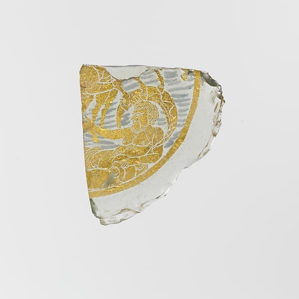 Glass bowl fragment with gold leaf and painted decoration