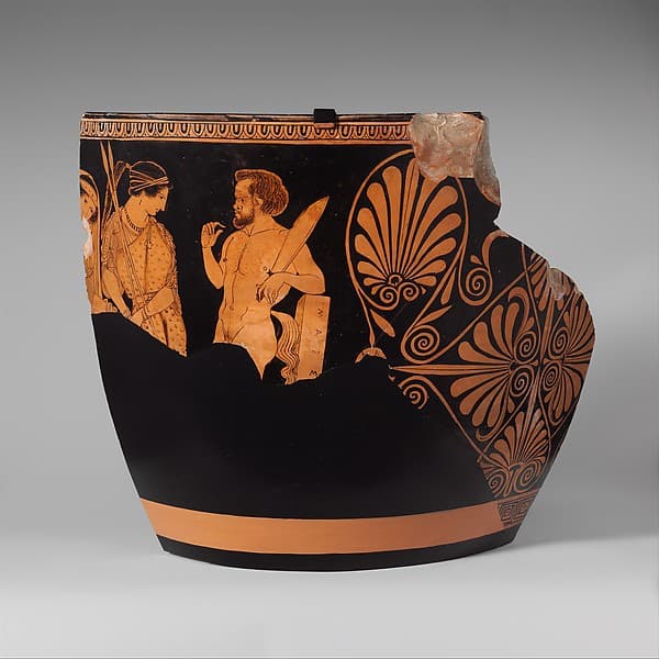 Two fragments of a terracotta skyphos (deep drinking cup), by Palermo Painter