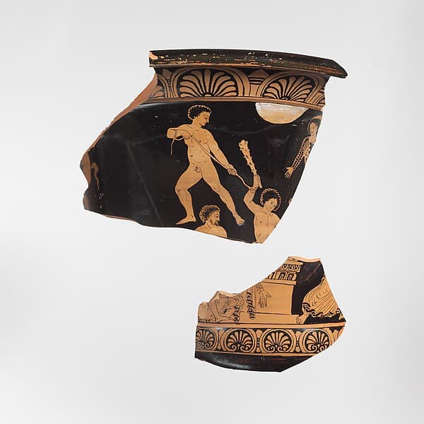 Fragments of a terracotta calyx-krater (mixing bowl), by Dolon Painter