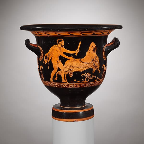 Terracotta bell-krater (mixing bowl), by Painter of the Long Overfalls