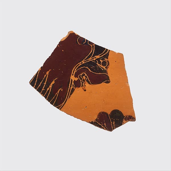 Fragment of a terracotta oinochoe: olpe (jug), by Gorgon Painter