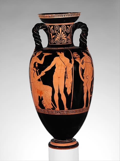 Terracotta neck-amphora (jar) with twisted handles, by Lykaon Painter