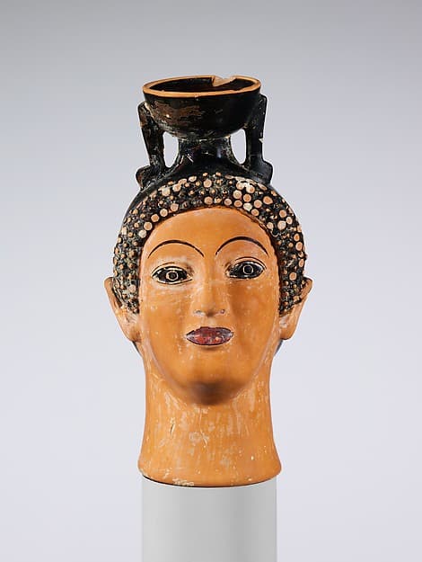 Terracotta aryballos (perfume bottle) in the shape of a woman's head, by Oxford Class of Head Vases