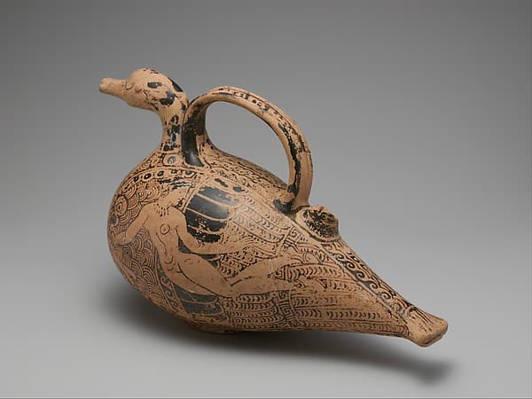 Terracotta duck-askos (flask with spout and handle), by Clusium Group