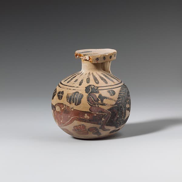 Terracotta aryballos (oil flask), by Kaeppeli Painter
