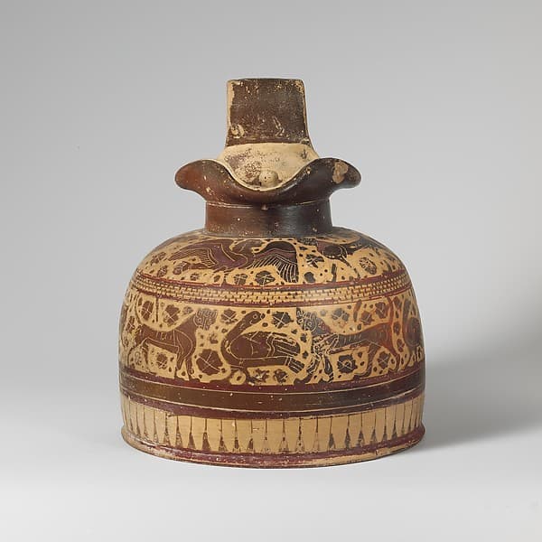 Terracotta oinochoe (jug) with lid, by Canessa Painter