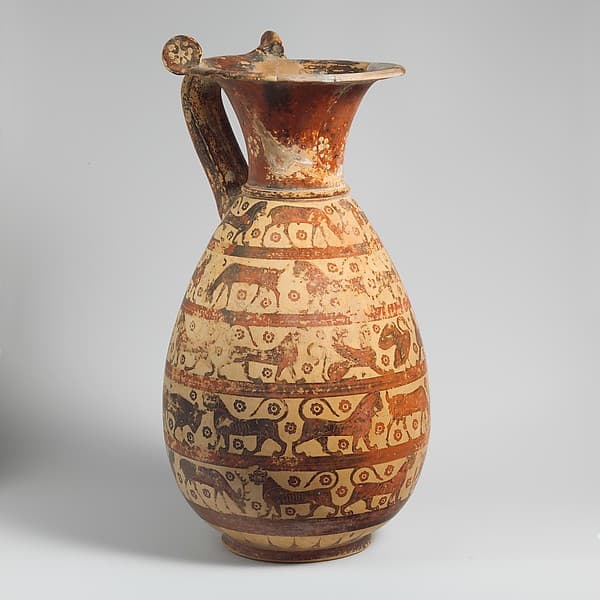 Terracotta oinochoe:olpe (jug), by Sphinx Painter