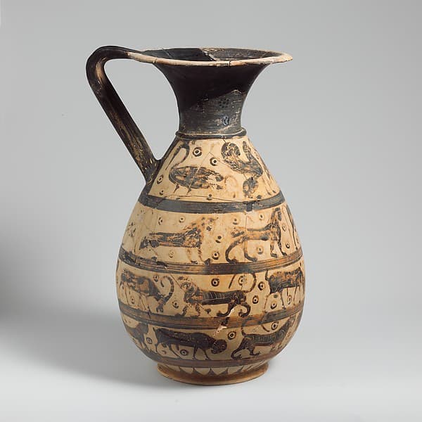 Terracotta oinochoe:olpe (jug), by Milazzo Painter