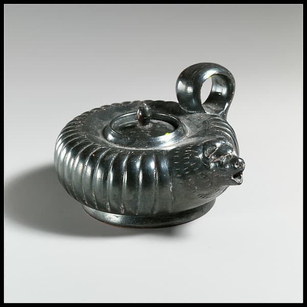 Terracotta guttus with lid (flask with handle and spout)