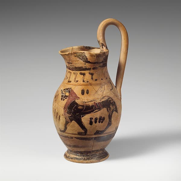 Terracotta oinochoe: olpe (jug), by Group of the Early Olpai