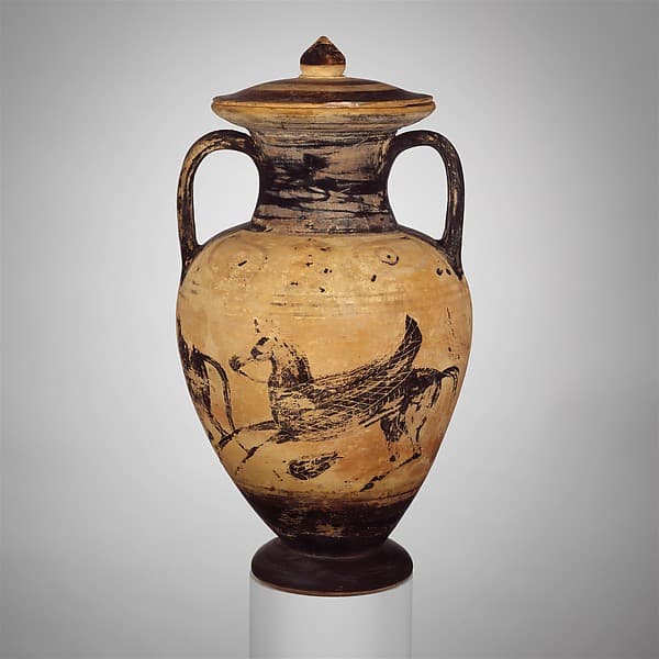 Terracotta neck-amphora (jar) with lid, by Micali Painter