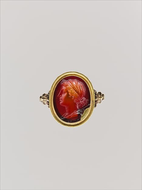 Carnelian oval set in a 17th–18th century gold ring, by Gnaios