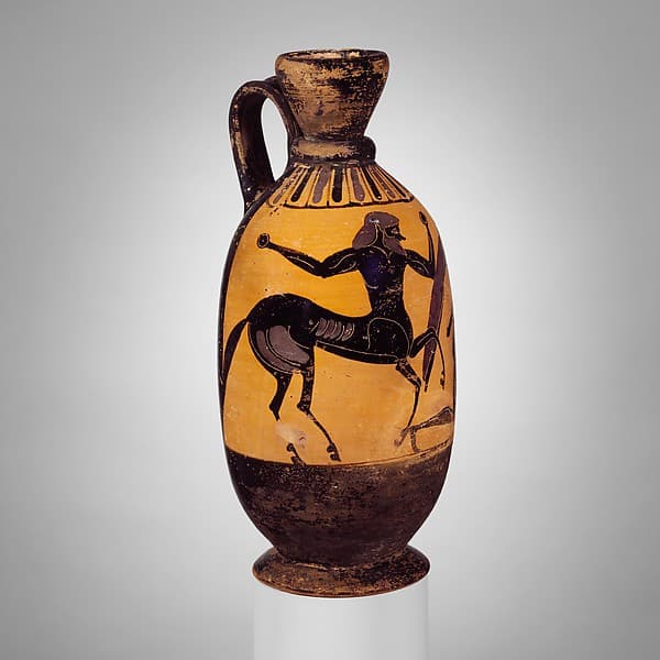 Terracotta lekythos (oil flask) with centaur battling a warrior, by Painter of London B 31