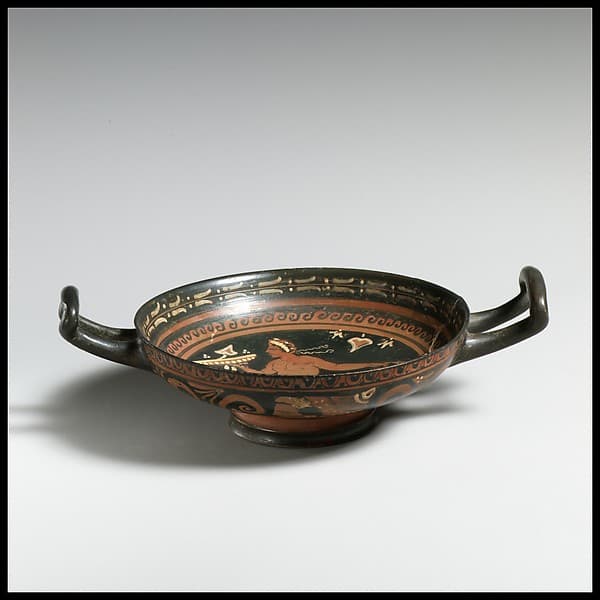 Terracotta stemless kylix (drinking cup), by Amphorae Painter