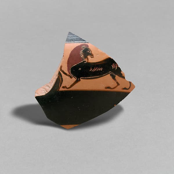 Fragment of a terracotta kylix: band-cup (drinking cup), by Amasis Painter