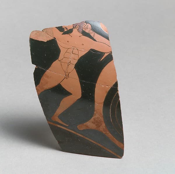 Fragment of a terracotta kylix: eye-cup (drinking cup), by Hischylos Painter