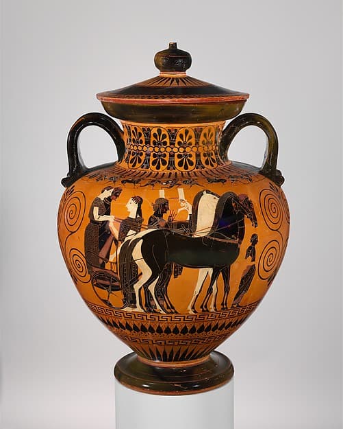 Terracotta neck-amphora (jar) with lid and knob (27.16), by Exekias