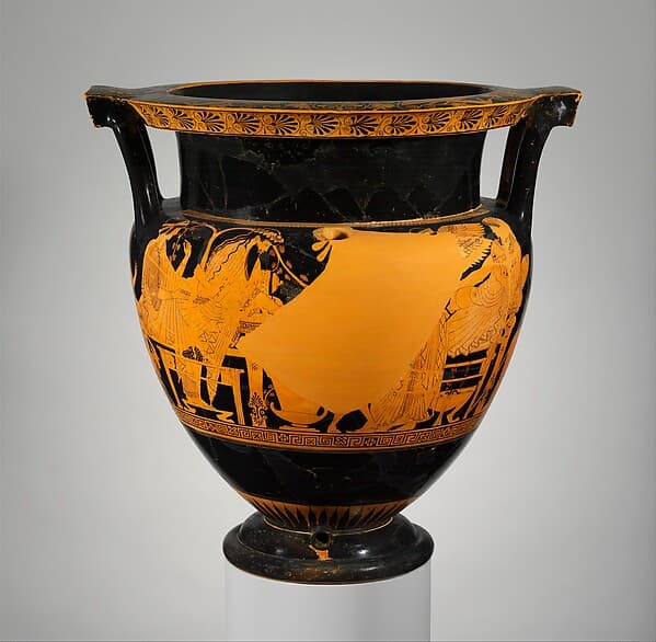 Terracotta psykter-column-krater (vase for chilling and mixing wine and water), by Troilos Painter