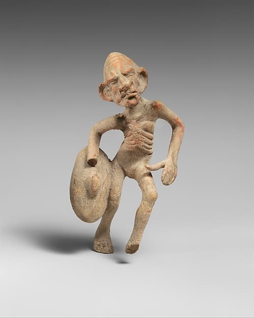 Terracotta statuette of a mime with a shield
