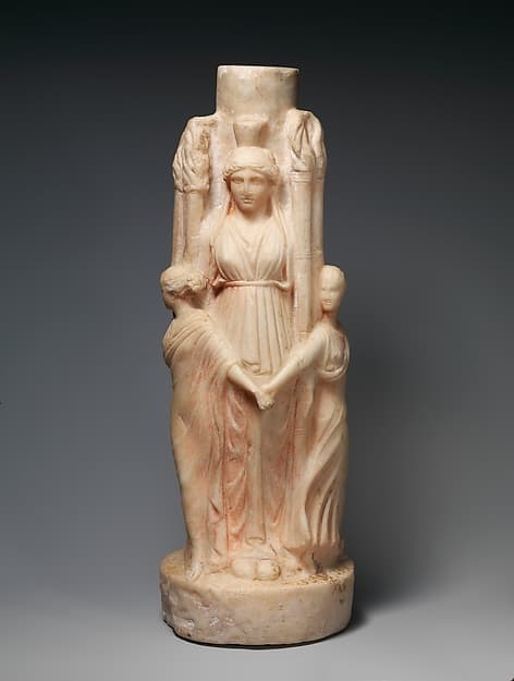 Marble hekataion (statuette of triple-bodied Hekate) and the three Graces