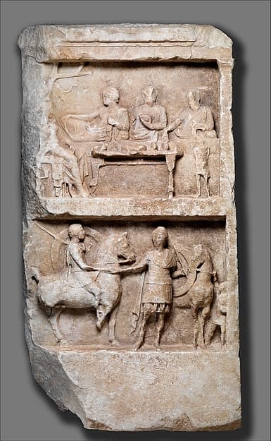 Marble grave relief with a funerary banquet and departing warriors