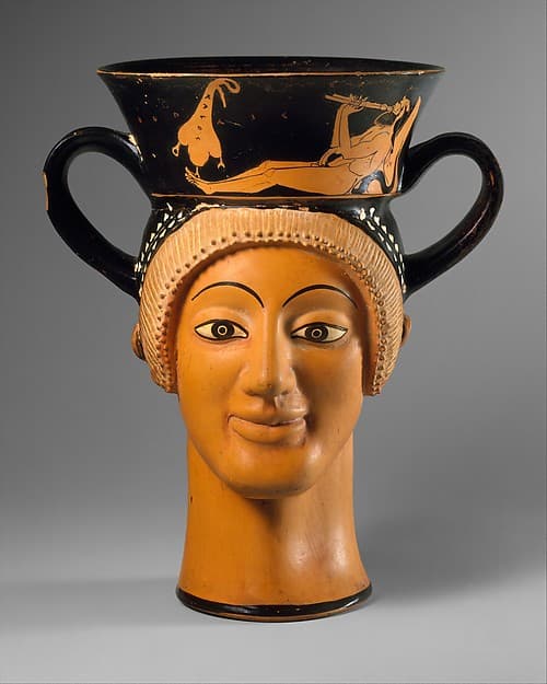 Terracotta kantharos (drinking cup with high handles): two female heads, by Brygos Painter