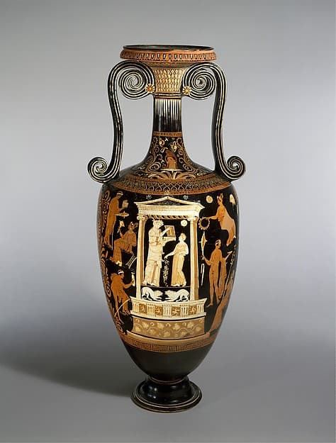 Terracotta loutrophoros (ceremonial vase for water), by Metope Painter
