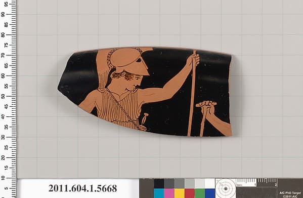 Terracotta rim fragment of a kylix (drinking cup), by Painter of Louvre G 456