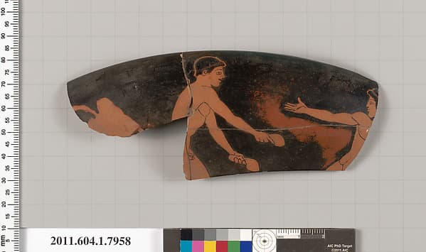 Terracotta rim fragment of a kylix (drinking cup), by Villa Giulia Painter