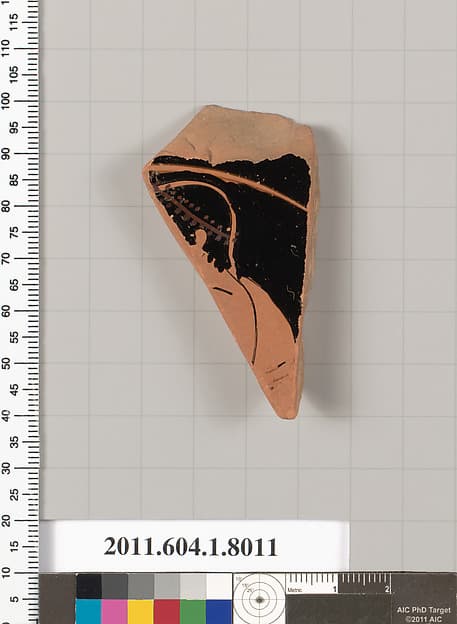 Terracotta fragment of a kylix (drinking cup), by Euergides Painter