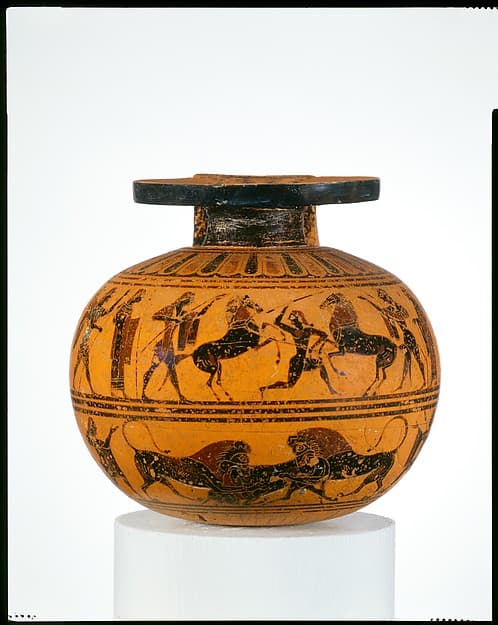 Terracotta aryballos (oil flask), by Amasis Painter