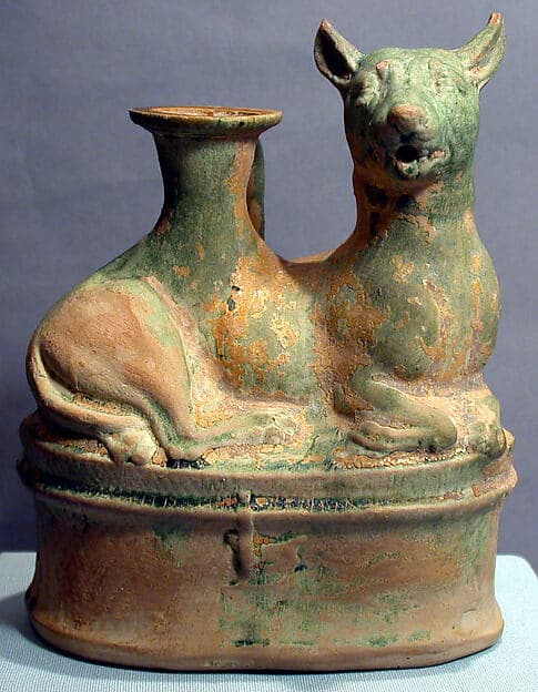 Terracotta askos in the shape of a reclining dog