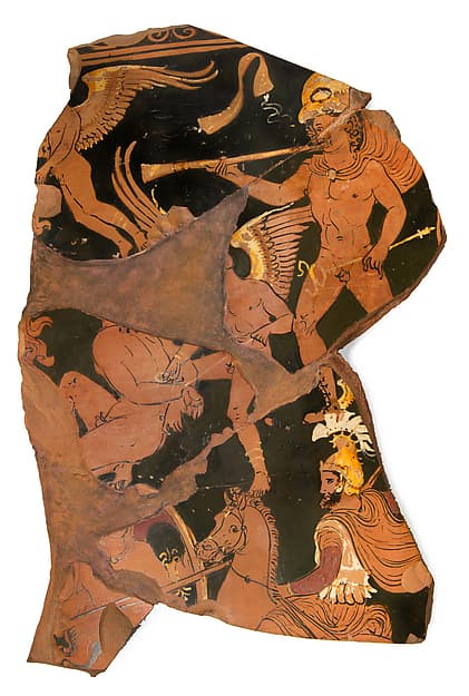 Fragment of a terracotta volute-krater (bowl for mixing wine and water); joins 19.192.81.5,.10,.19, by Baltimore Painter