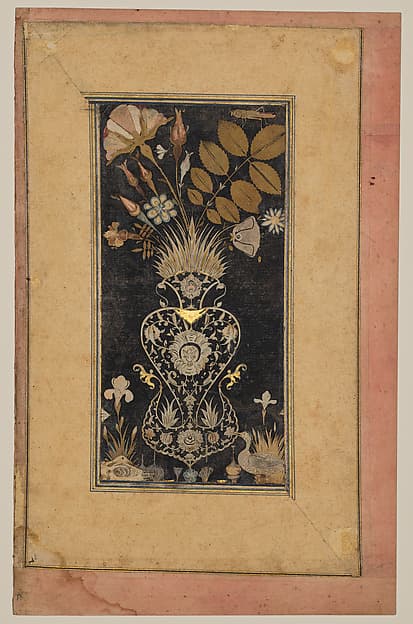 Album Page with Decoupe Vase of Flowers, Insects, and Birds, by Muhammad Hasan