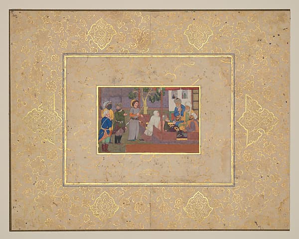 "An Old Man and His Young Wife Before Religious Arbitrators," Folio from a Gulistan of Sa'di, by Daulat