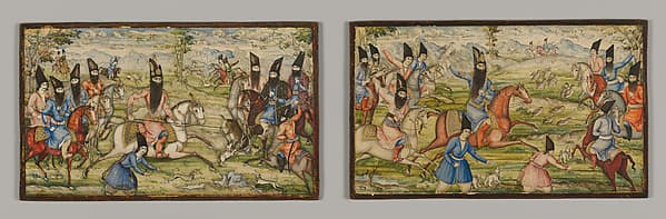 Pair of Book Covers Depicting Fath 'Ali Shah Hunting