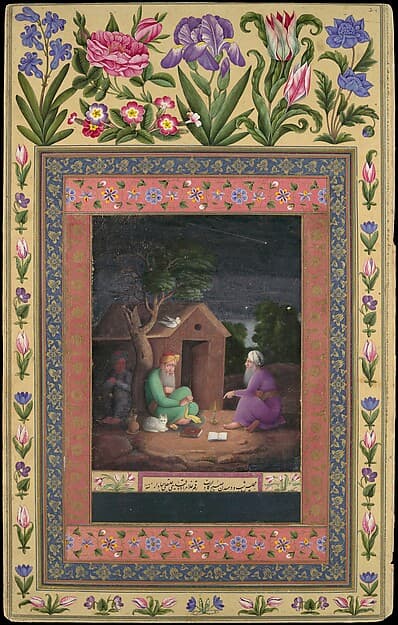 "Two Old Men in Discussion Outside a Hut", Folio from the Davis Album, by 'Ali Quli Jabbadar