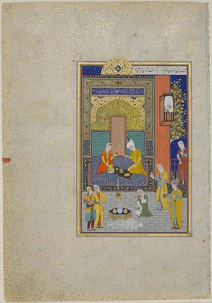 "Bahram Gur in the Yellow Palace on Sunday", Folio 213 from a Khamsa (Quintet) of Nizami of Ganja, by Nizami