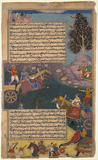 "Arjuna Battles Raja Tamradhvaja", Folio from a Razmnama, by 'Abd al-Rahim ibn Muhammad Bairam Khan Khan-i Khanan