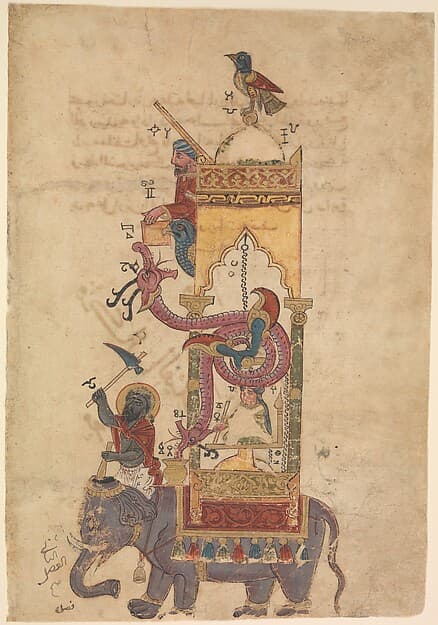 "The Elephant Clock", Folio from a Book of the Knowledge of Ingenious Mechanical Devices by al-Jazari, by Farrukh ibn `Abd al-Latif
