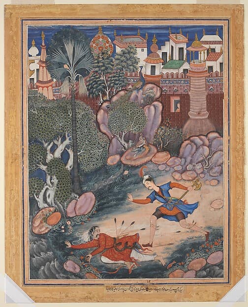 "'Umar Walks around Fulad Castle, Meets a Foot Soldier and Kicks Him to the Ground", Folio from a Hamzanama (The Adventures of Hamza), by Kesav Das