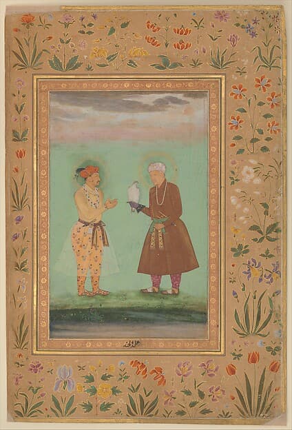 "Jahangir and his Father, Akbar", Folio from the Shah Jahan Album, by Balachand